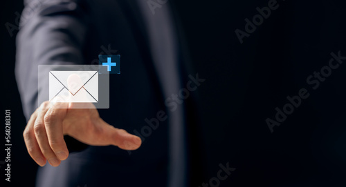 business people touch on email in virtual screen.internet technology.New email notification concept for business e-mail communication and digital marketing. Inbox receiving electronic message alert. 