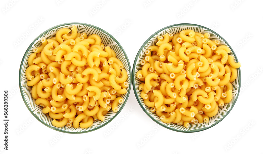 Bowls of raw elbow pasta on white background