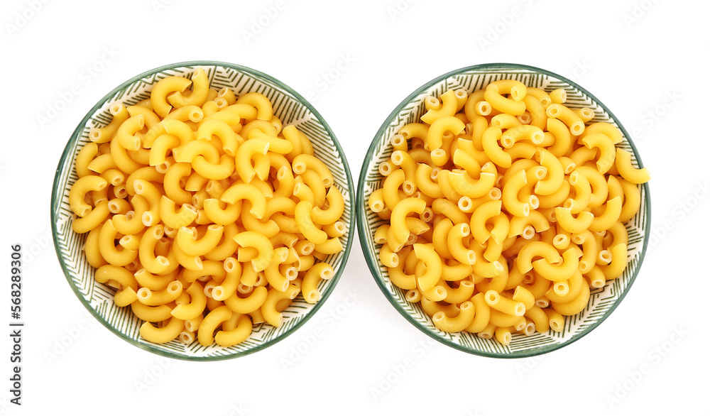 Bowls of raw elbow pasta on white background Bowls of raw elbow pasta on white background