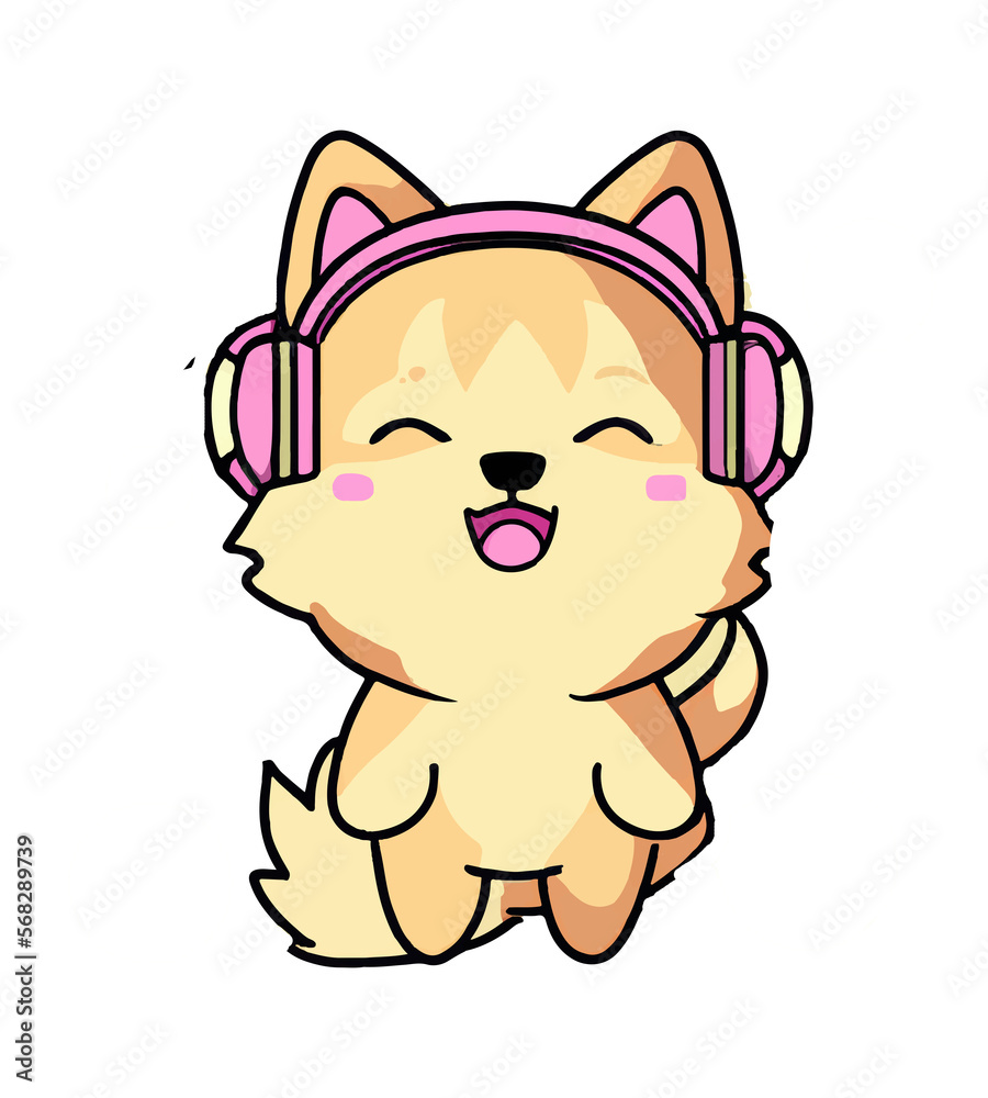 Cute kawaii anime cat listening music