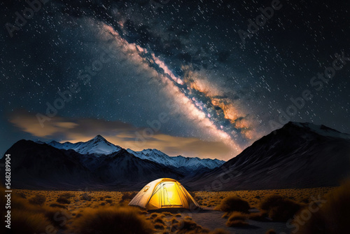 in the bush when camping a tent that has been set up  with snow capped mountains in the distance and the Milky Way gleaming in the night sky. natural setting. Generative AI