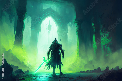 Fantasy picture of a wanderer with a sword moving toward a mystery temple entrance that is emitting luminous green mist. Generative AI