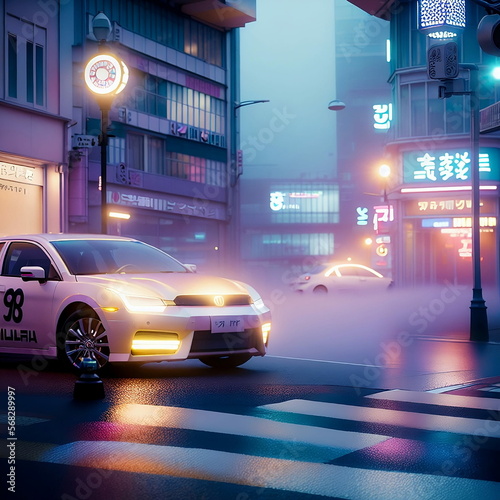 bioluminescent cinematic lighting of Harajuku with early morning fog, the world of the golden hour of twilight, the streets of Asia © Andrei