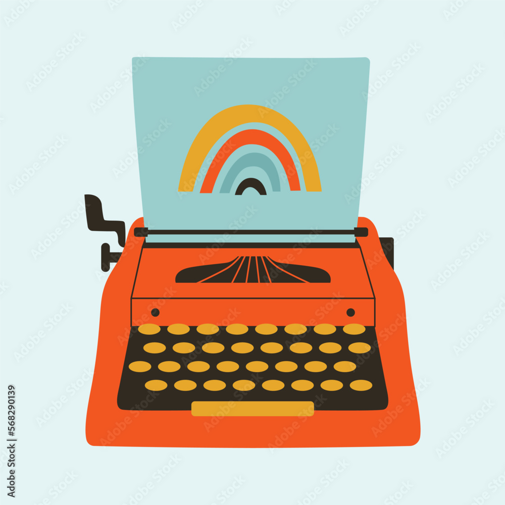 Creative hand drawn illustration with typewriter and sheet with print of rainbow. Love for retro, analogue, vintage, 60s concept. Office objects, manual typewriter in modern flat style.