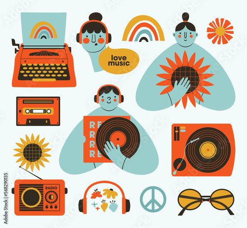 Creative hand drawn set of retro objects and people in flat style. Clip arts of typewriter, vinyl, happy person in earphones, radio, record player, rainbow. Love for retro, music , peace, 60s concept.