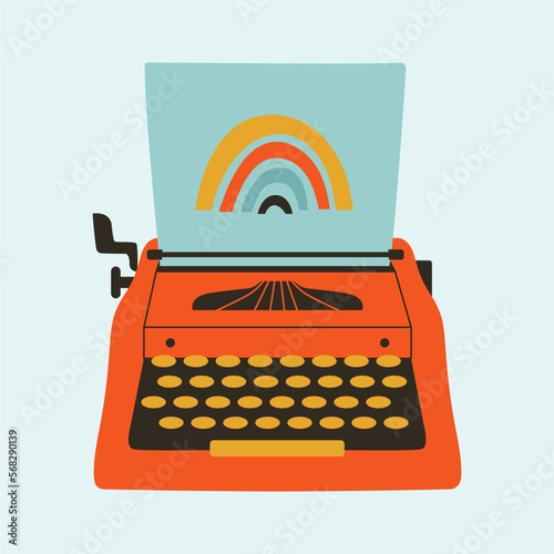 Creative hand drawn illustration with typewriter and sheet with print of rainbow. Love for retro, analogue, vintage, 60s concept. Office objects, manual typewriter in modern flat style.