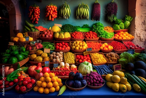 colourful and abundant farmers market display with a variety of fruits and vegetables (AI Generated)