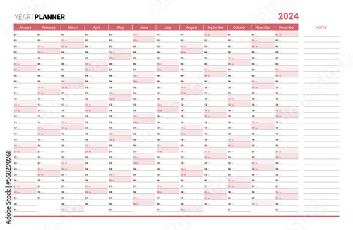 2024 yearly planner, calendar mockup design ready for print. Schedule page journal, stationery calendar, corporate planner template with space for personal notes vector illustration