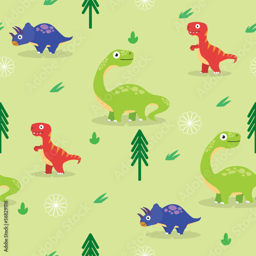 Fototapeta Naklejka Na Ścianę i Meble -  dinosaur cartoon seamless background with tree and bush ornament for cover vector illustrations EPS10