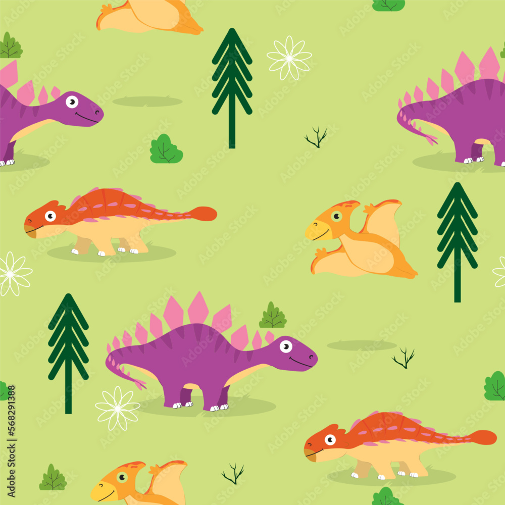 Obraz premium seamless dinosaur cartoon pattern background with tree and bush ornament vector illustrations EPS10