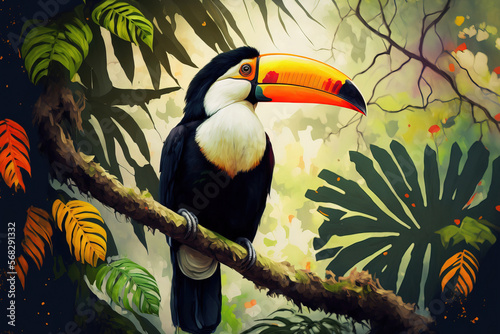 The toco toucan bird perched on a jungle tree. Generative AI © 2rogan