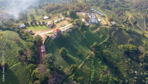 Beautiful morning aerial landscape view of tea plantations at Doi Mae Salong, Chiang Rai, Thailand