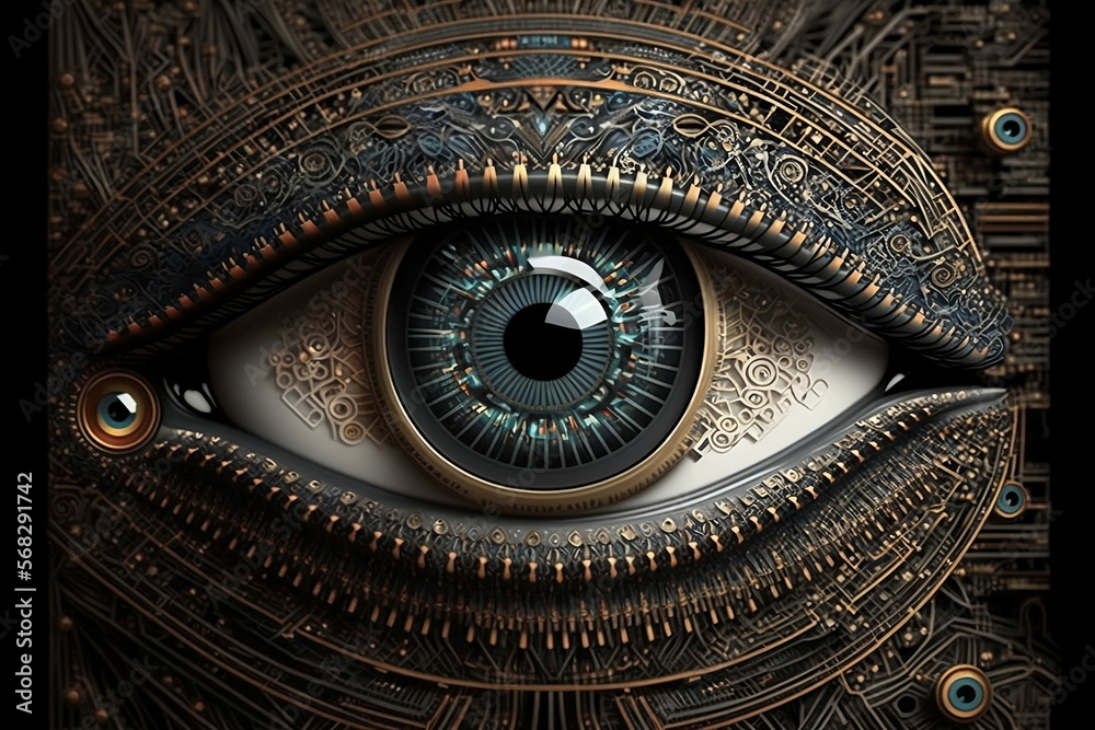 Machine intelligence,  an eye made of intricate circuitry and a gaze that reveals its inner workings.