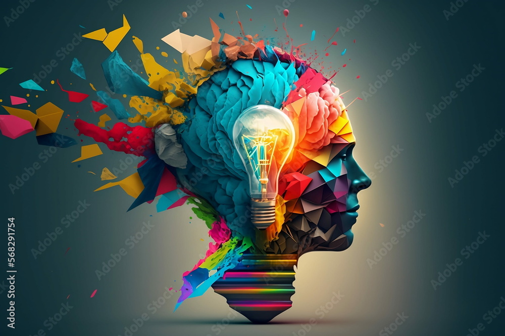 Colorful 3D illustration representing a person with a creative mind, lightbulb, imagination collage - obrazy, fototapety, plakaty 