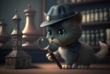 Dark 3D illustration of a cute cat detective searching for clues