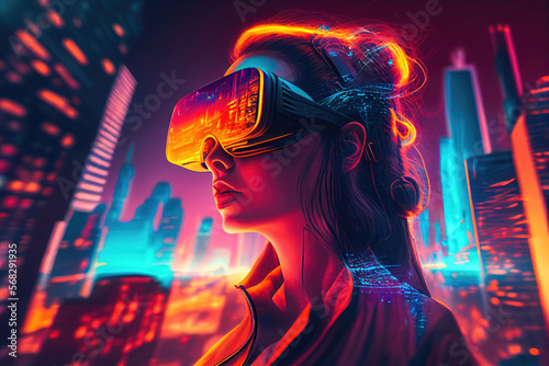 Young woman wearing a VR headset background imaginary super-future city. Generative Ai © otto Song