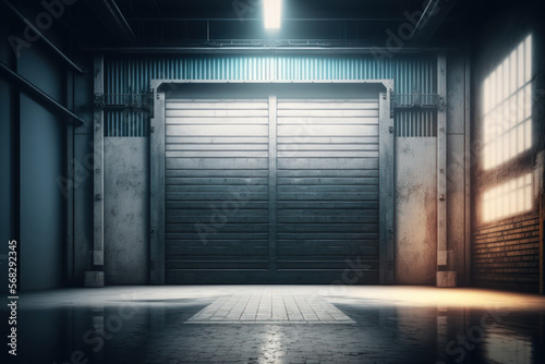 Factory, warehouse, or hangar use roller doors or roller shutters. Polished concrete flooring and shuttered doors for product display or industry background make up an industrial building's interior