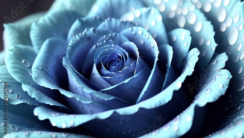 close up of a beautiful blue ice rose at night with water droplets,Generative AI