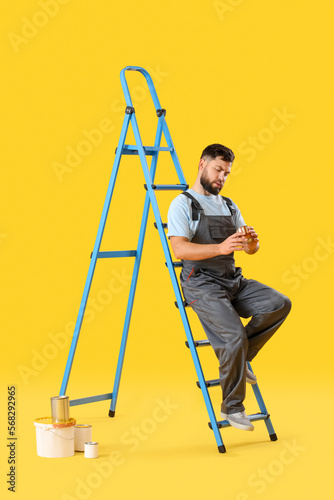 Male worker with ladder and...