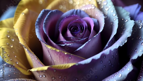 beautiful macro shoot of multicolored rose, purple rose with dew,Generative AI
