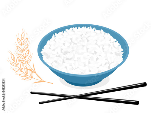 Rice bowl with chopsticks and rice plants icons on white background vector illustration.