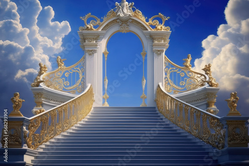 Vászonkép A idea showing a massive stairway ascending to the open, regal pearly gates of heaven, surrounded by a background of the blue sky