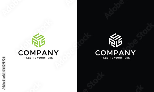 Initial letters SR negative space hexagon shape monogram logo on a black and white background.