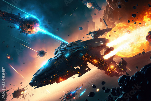 Foto Space fight with battle cruisers and spacecraft, with laser blasts, sparks, and explosions