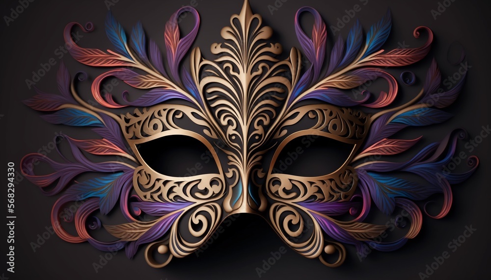 gorgeous Carnival mask, metallic and shiny, golden and purple, on vague background.