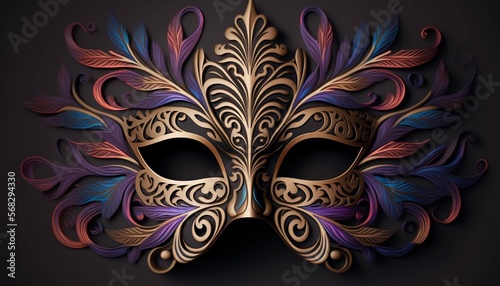 gorgeous Carnival mask, metallic and shiny, golden and purple, on vague background.