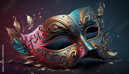 gorgeous Carnival mask, pink and green, shiny with golden texture, on black background
