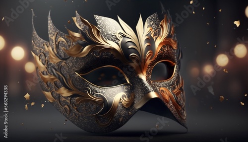 gorgeous Carnival mask, metallic and shiny, golden and black, isolated on black background.