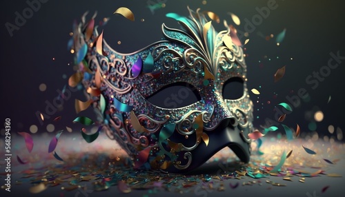 gorgeous Carnival mask, metallic and shiny, green and stylish, on vague background. © JW Studio