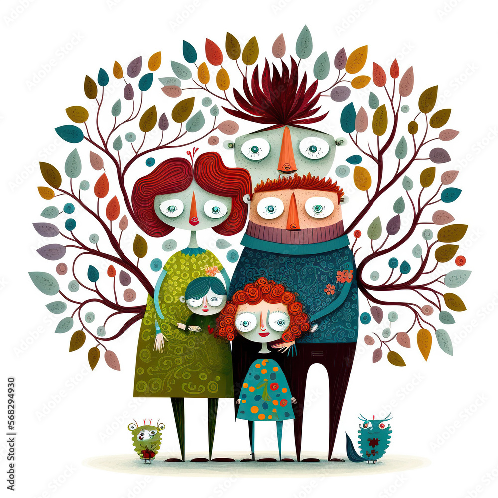 Naklejka premium parents hugging two children, generative ai illustration in naive art style