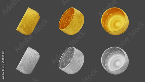 set of element of gold and silver bowl from image traced 3d. songkran festival thailand travel.