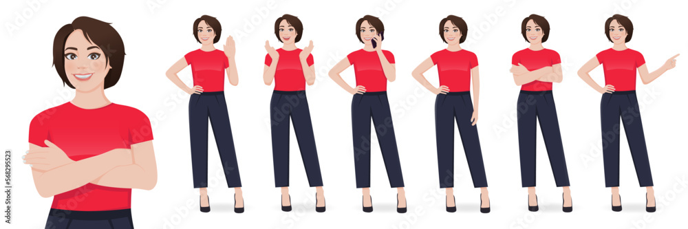 Beautiful woman character with short hairstyle in different poses set vector illustration Beautiful woman character with short hairstyle in different poses set vector illustration