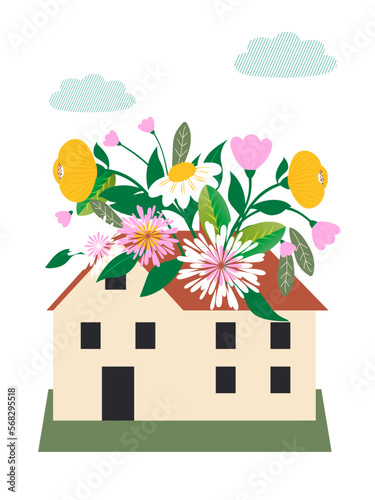 Cute house from which flowers grow, isolated on a white background. A beautiful native flowering house under a clear sky. Flowers growing inside the house. Vector.
