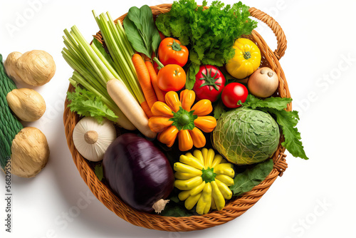 Basket of vegetables isolated on a white background. Creative arrangement of cabbage, celery, potato, pepper, onion, carrot, garlic, lemon, tomato, and herbs. concept of healthy eating. top perspectiv photo