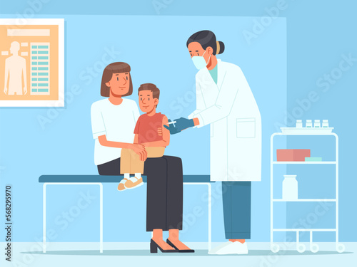 Family vaccination. Doctor pediatrician makes a vaccine injection to a child in a hospital. Children health care