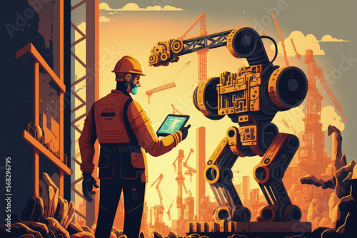 Industry engineer construction, utilizing a smart tablet, controlling automation robot arms, and operating a building site with artificial intelligence 4.0,5G network,Artificial intelligence or AI