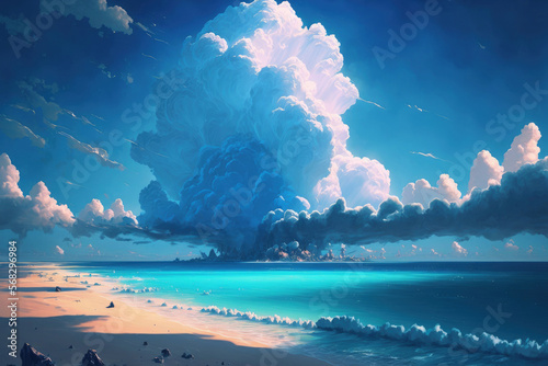 Fantastic Thick Cloud Sea with a Sky of Brilliant Blue Over the Beach. Fanciful Background Realistic Concept Art Video Game History Electronic Painting Scenery Artwork CG Artwork Serious. Generative