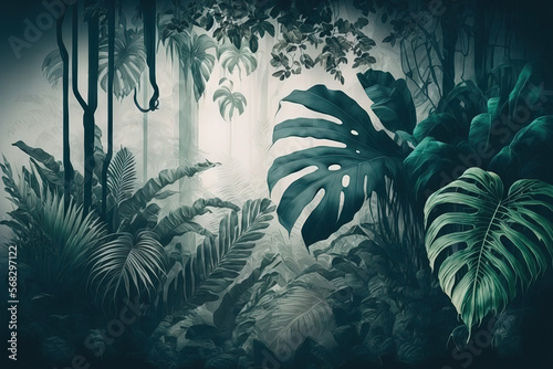 wallpaper with tropical leaves in a misty jungle . Generative AI
