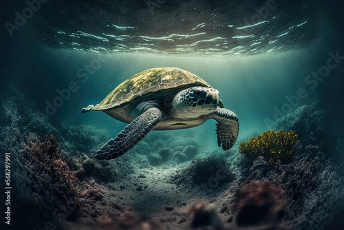 photograph of a sea turtle in the sea. tropical banner design for diving. travel pass during the summer season. marine life in its native habitat. coral reef underwater with an olive green turtle. mar