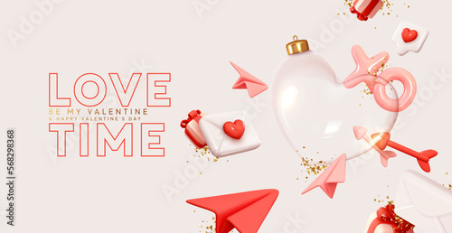 Valentines day background. Transparent glass heart, falling gold glitter confetti, postal envelopes, gift box. Realistic 3d design. Holiday ornament glass heart empty inside. vector illustration
