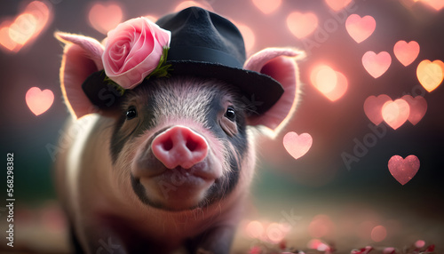 Fototapeta Naklejka Na Ścianę i Meble -  romantic enamored pig with roses on valentines day, digital illustration