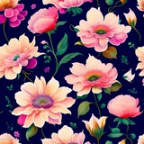 Cute seamless floral vector pink flowers with navy blue background, created with Generative AI technology