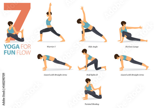 7 Yoga poses or asana posture for workout in fun flow concept. Women exercising for body stretching. Fitness infographic. Flat cartoon.