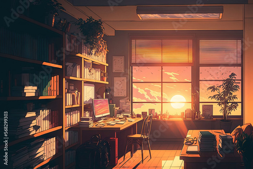 a tranquil, soothing library A workplace with atmospheric light shining inside at sunset. Stunning lighting in a room full of books. Lofi workstation in the manga and anime style. digital cartoon art