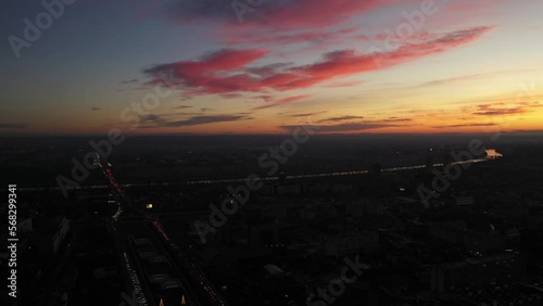 4k aerial video of Zagreb street in the evening with beautiful sunset