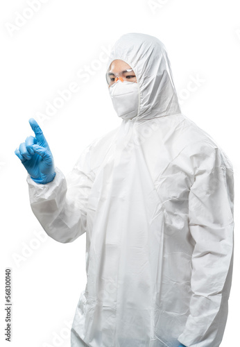 Worker wears medical protective suit or white coverall suit finger point isolated on white